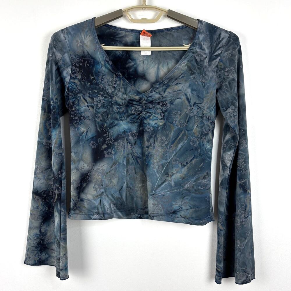 Y2K Fairy Grunge Top bell sleeve cropped blue gray sparkle floral tie dye Small
